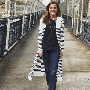 Cabi Victory Longline Open Front Striped Duster Cardigan Navy Blue Ivory Size M